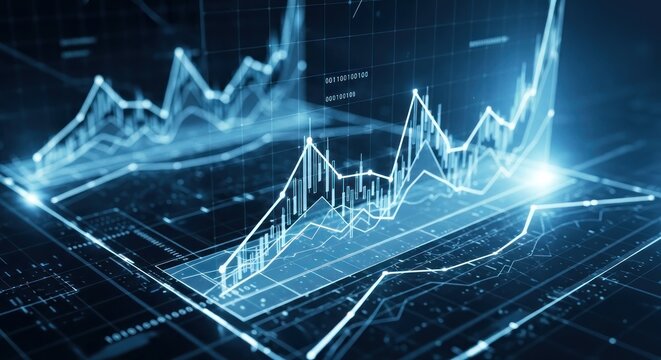 Holographic display of financial statistics and analytics showing upward trends in the stock market, representing investment success and fintech innovation