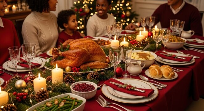 A joyful multi-generational family sharing a traditional holiday feast, celebrating togetherness around a candlelit dinner table