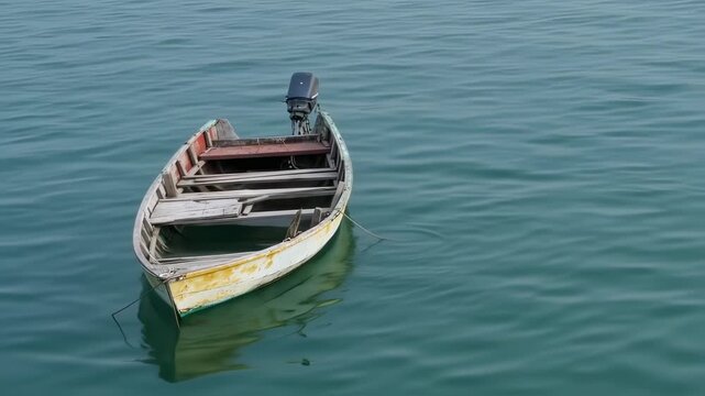 A weathered wooden boat floats alone on tranquil turquoise water, with an outboard motor attached
