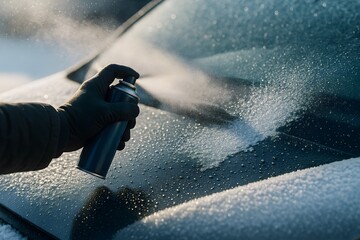 De-icing Frozen Car Windshield with Spray in Winter Morning Light