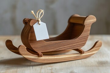 A miniature wooden sleigh carried a delicate jewellery piece near a white note.