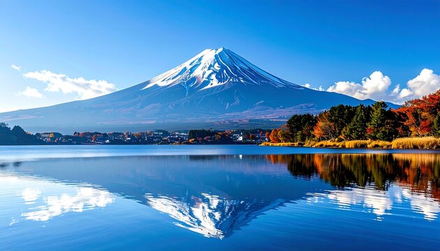 Majestic snow-capped mountain reflecting in calm water, with autumn trees lining the shore under a bright blue sky
