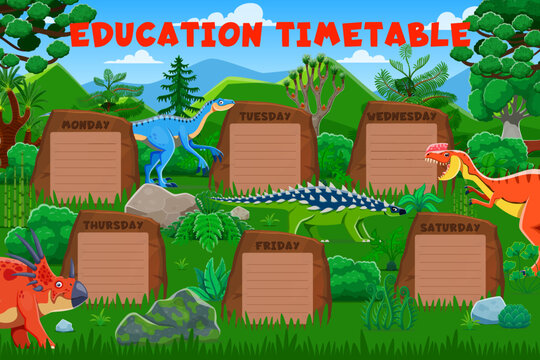 Education timetable schedule with funny prehistoric dinosaurs. Weekly educational planner for kids featuring labeled stone tablets for each weekday surrounded by cartoon dino in lush jungle landscape - Powered by Adobe