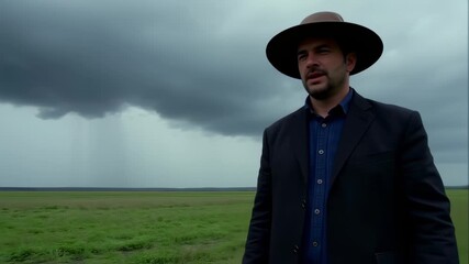 A man in a fedora and suit stands in a grassy field under a stormy, grey sky - Powered by Adobe