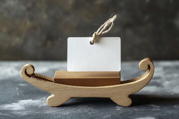 A tiny wooden sleigh carrying a jewellery piece beside a white empty note.