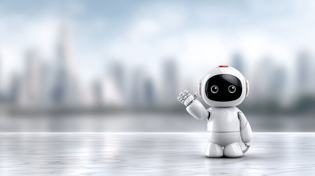 Friendly robot greets visitors in a futuristic urban setting