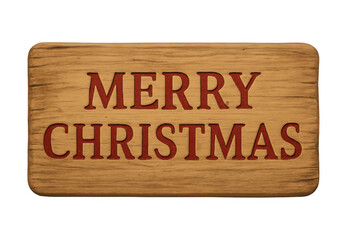 Merry christmas carved wooden sign with red text on a transparent background, depicting holiday greetings and seasonal celebration