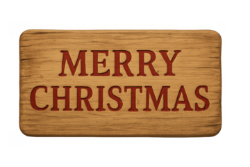 Merry christmas carved wooden sign with red text on a transparent background, depicting holiday greetings and seasonal celebration