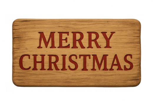 Merry christmas carved wooden sign with red text on a transparent background, depicting holiday greetings and seasonal celebration - Powered by Adobe