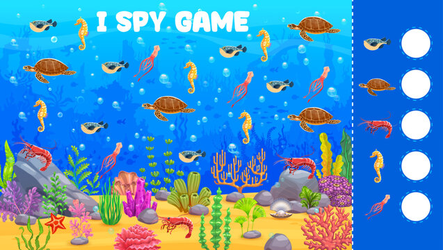 I spy game worksheet with sea animals. Vector worksheet for kids with cartoon underwater marine life and coral reef. Count sea creatures like pufferfish, turtle, shrimp, seahorse and squid in an ocean