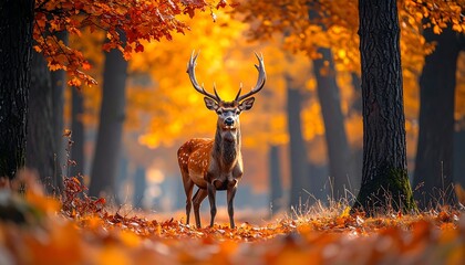 Majestic stag stands in autumnal forest, surrounded by fallen leaves & glowing foliage
