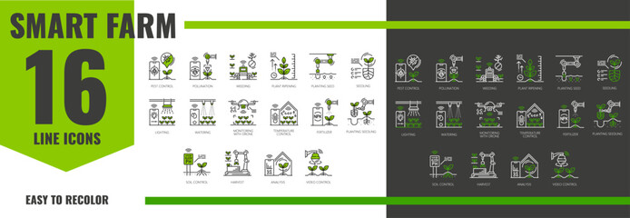 Smart robot farm agriculture technology line icons featuring concepts like pest control, pollination, weeding and plant ripening. Planting seed, seedling, lighting, watering and monitoring with drone © Vector Tradition