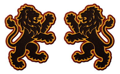 Rampant heraldic lions facing each other embroidery patch illustration isolated on transparent background
