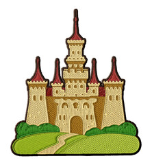 Simplified fairy tale castle embroidery patch illustration isolated on transparent background