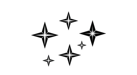 A monochrome graphic set of various sized sparkling stars, a clean and simple vector icon symbolizing purity, quality, and magical twinkling effects