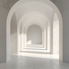 A long hallway with repeating white arched doorways