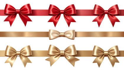 A shiny set of red and gold bows with satin ribbons for Christmas and holiday gift decoration isolated on white background