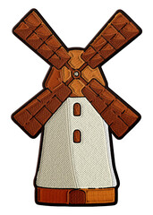 Stylized windmill embroidery patch illustration isolated on transparent background