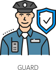 Home security guard color line icon or symbol. House protection company lineart vector icon, home security system outline sign. Property guarding service pictogram with policeman or guard character