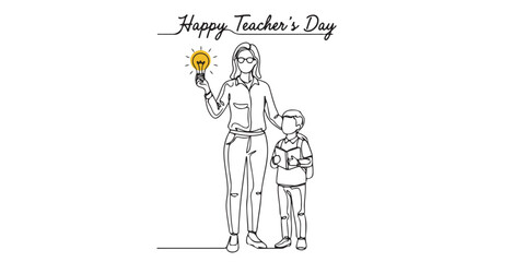 Minimal one-line art of a teacher holding a glowing light bulb beside a student with a book, celebrating “Happy Teacher’s Day.” Symbol of education, knowledge, greeting cards, educational materials.