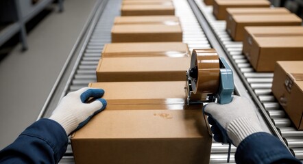 Worker applying tape to cardboard boxes on a conveyor belt in a warehouse, showcasing packaging process with organized workspace and efficient workflow