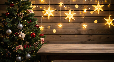 Christmas tree with red ornaments, bokeh lights and fireplace on wooden table in dark room with blurred background of home interior.