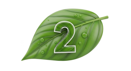 Green Leaf with Water Droplets and White Number 2 on a Background nature plant isolated on a transparent background