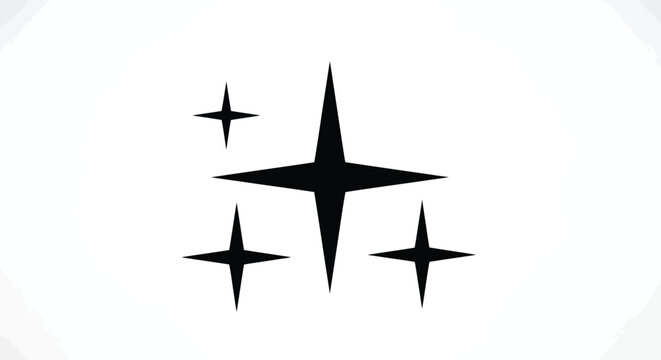 A simple black graphic icon of four sparkling stars, symbolizing a clean shine, magic, and a brilliant glitter effect on a white background