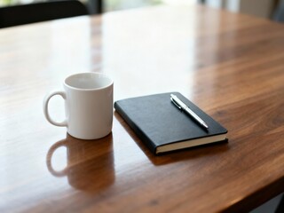 A white coffee mug sits on a wooden table next to a black notebook and a pen