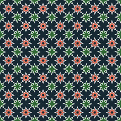 A seamless geometric pattern featuring alternating coral and green twelve pointed stars with green five pointed stars on a dark blue background. Symmetrical, abstract, and elegantly structured.