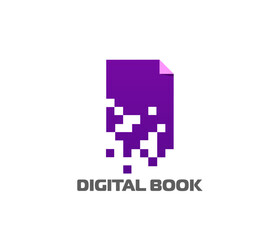 Digital book icon for online library or electronic book and E reader application, vector emblem. Digital book icon of paper sheet in pixels for online library reading or web literature bookstore app