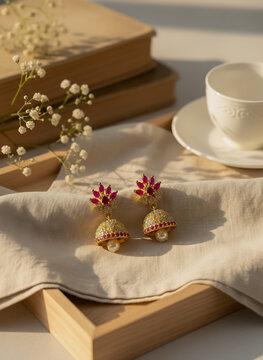 Aesthetic  Designer jumka earrings placed on cloth in aesthetic manner suitable for poster and jewellery ads 