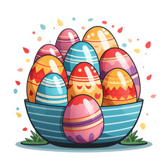 Colorful Easter eggs in a bowl, symbolizing spring celebrations and festive traditions.