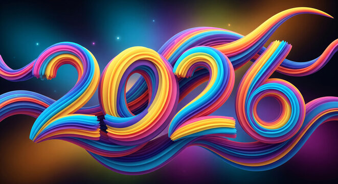 2026 New Year Sign with Dynamic Purple Orange and Blue Light Waves.