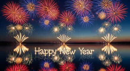 Happy New Year 2026 Celebration with Golden Text, Confetti, Balloons, and Fireworks on Bokeh Background