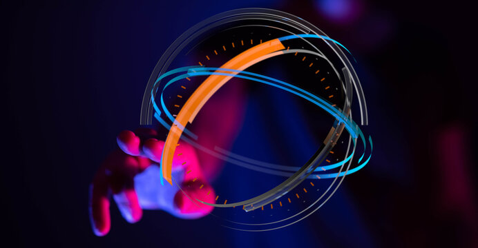 An artistic, futuristic digital sphere with a hand reaching toward it, representing technology, connection, and progress. - Powered by Adobe