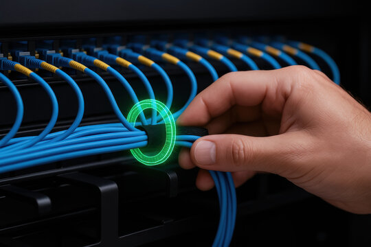Hand connecting blue fiber optic cables to network switch with technology interface glowing green