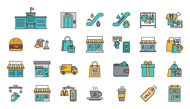 Collection of shopping and retail icons, including stores, escalators, elevators, shopping bags, and delivery truck