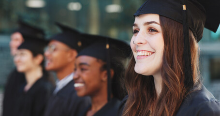 Smile, graduation and students with woman in college for celebration, diploma success and ceremony. Achievement, university degree and academy pride with people on campus for scholarship event