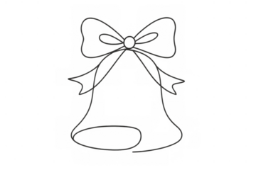 Christmas bell drawing with ribbon bow in continuous line art style, celebrating winter holiday spirit, transparent background