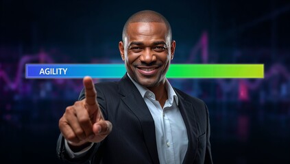 Confident businessman demonstrates agility with digital interface, showcasing dynamic business solutions and innovative tech with a forward-thinking mindset
