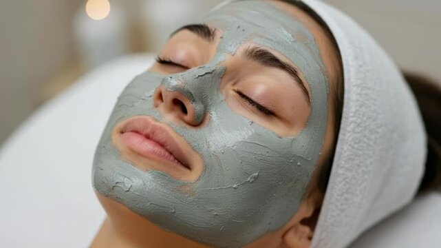 Femme se relaxant avec un masque &agrave; l'argile bleue sur le visage. Rituel de soin de la peau au spa