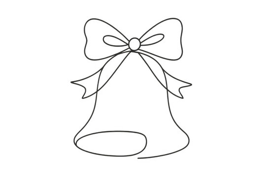 Christmas bell drawing with ribbon bow in continuous line art style, celebrating winter holiday spirit, transparent background
