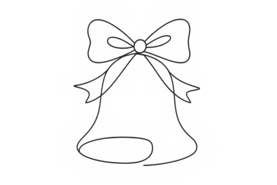Christmas bell drawing with ribbon bow in continuous line art style, celebrating winter holiday spirit, transparent background