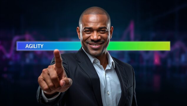 Confident businessman demonstrates agility with digital interface, showcasing dynamic business solutions and innovative tech with a forward-thinking mindset