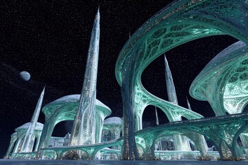 Glowing Futuristic Space City at Night