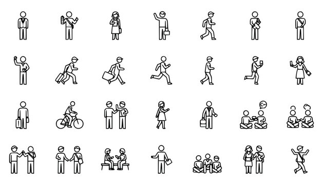 Collection of simple line art icons representing people in various activities and poses