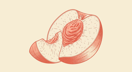 Vintage styled cross-section illustration of a peach half on light background