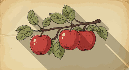Vintage styled illustration of red apples on branch with leaves motif