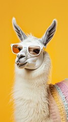 Obraz premium A llama wearing sunglasses against a bright yellow background looks funny and unusual. It is perfect for memes, creative advertising campaigns, children's projects, or animal-related event designs.